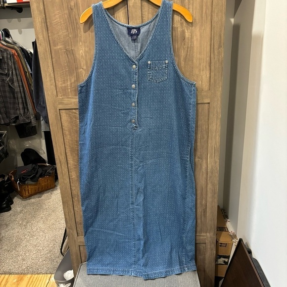 BJS Vintage Denim Jumper Dress maxi Sleeveless Polka Dots Sleeveless large - Picture 1 of 8